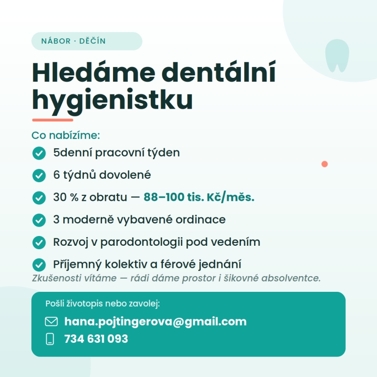 Zubní ordinace v Děčíně hledá dentální hygienistku Zubní ordinace v Děčíně hledá dentální hygienistku