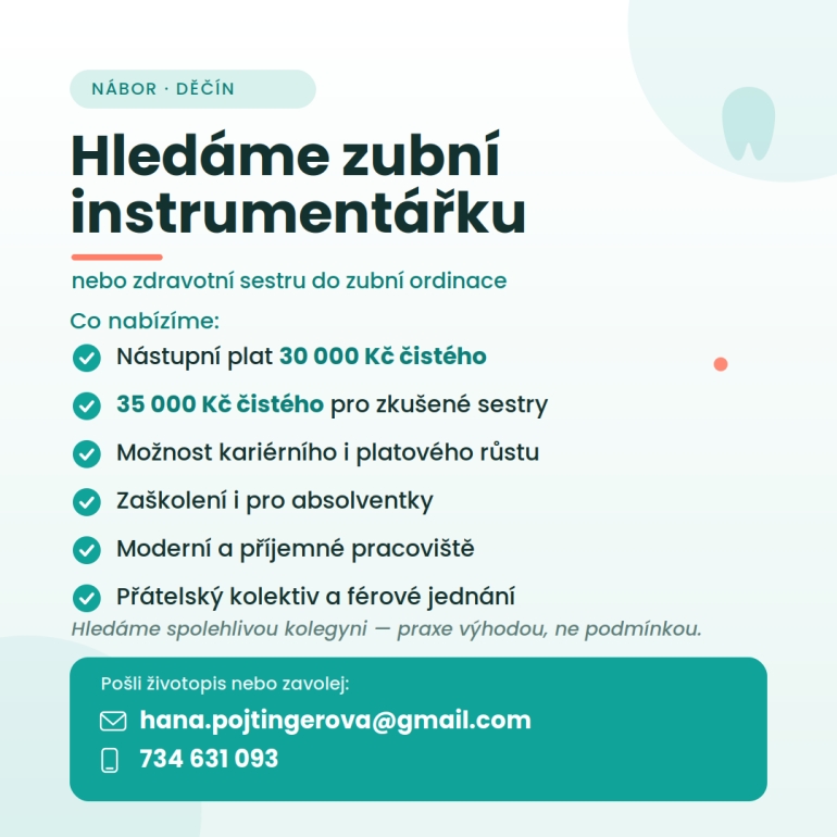Hledáme zubní instrumentářku / zdravotní sestru Hledáme zubní instrumentářku / zdravotní sestru